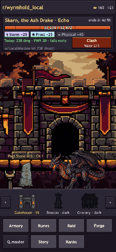 The Hold hub: Skarn looms over the gatehouse above the landmark strip