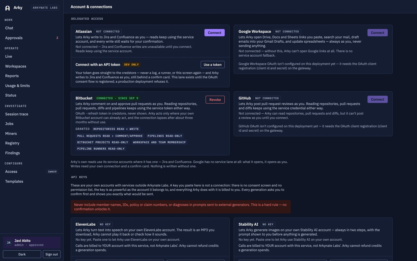 The Arky account page with connected accounts and bring-your-own provider key fields