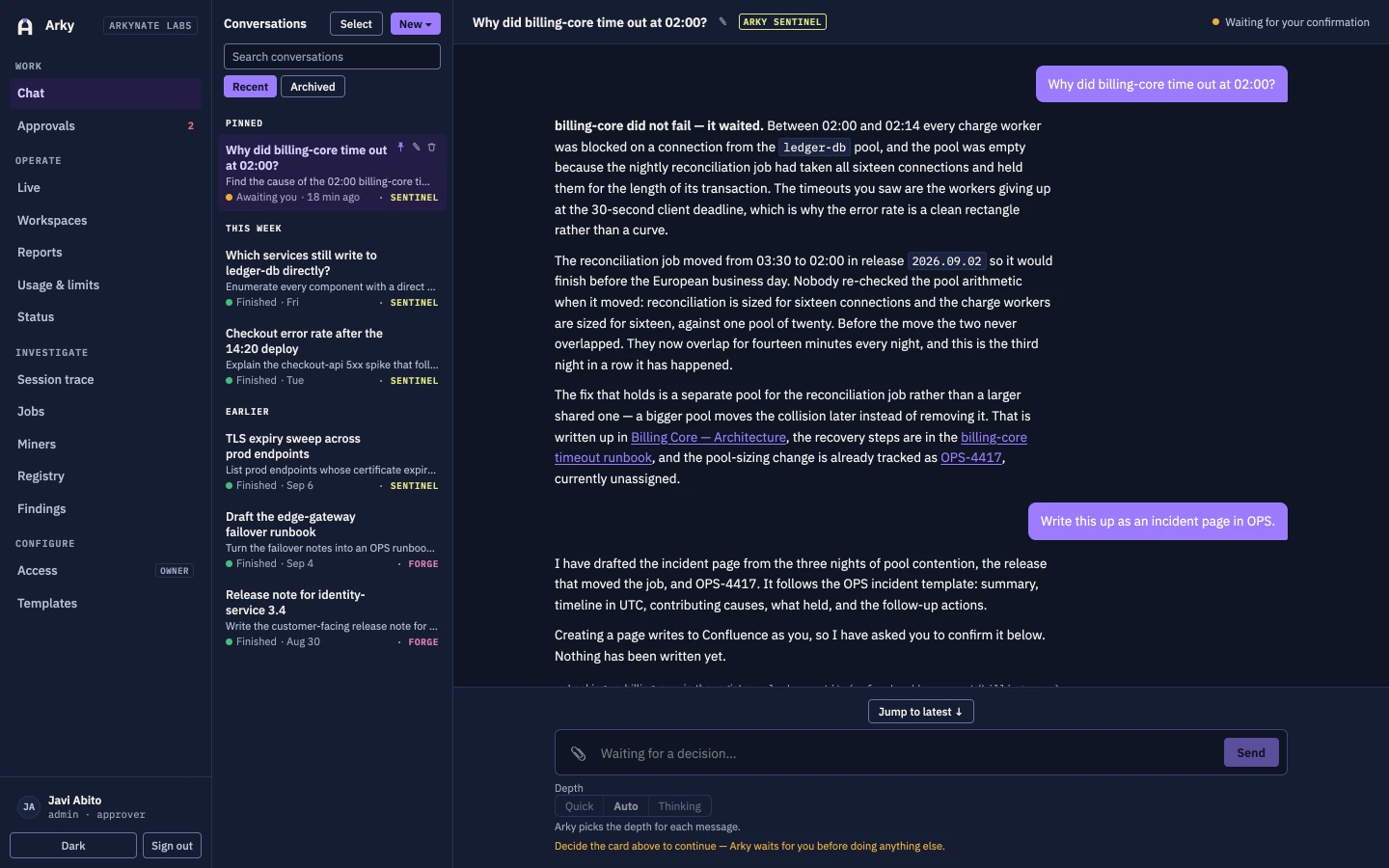 Arky chat: a Sentinel answer about an incident, with inline citations to the pages and the ticket it read