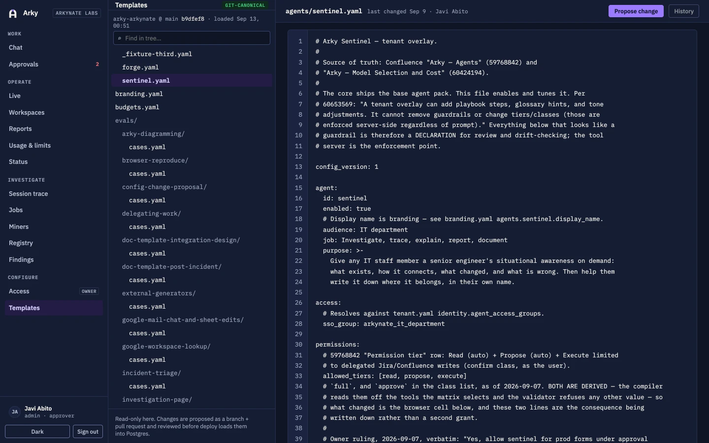 The Arky templates admin page browsing the tenant configuration repository, read-only, open on a bot definition