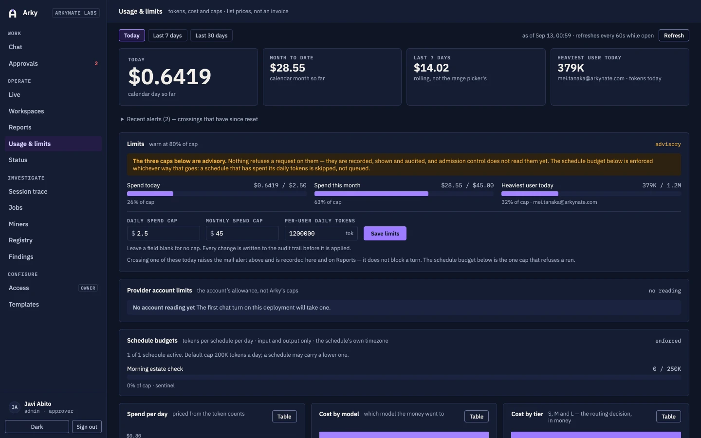 The Arky usage page showing spend against the advisory caps, the heaviest user, and the schedule budget