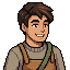 Pixel-art portrait of Paolo in a leather smithing apron